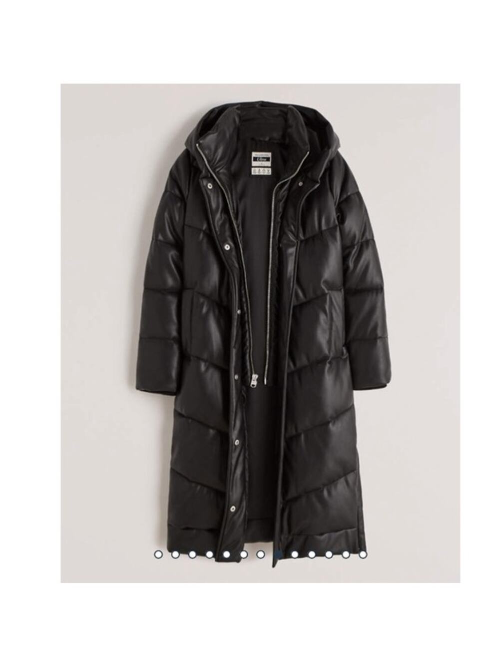Abercrombie Vegan Leather Long Puffer Jacket Hooded Small Black Quiet Luxury